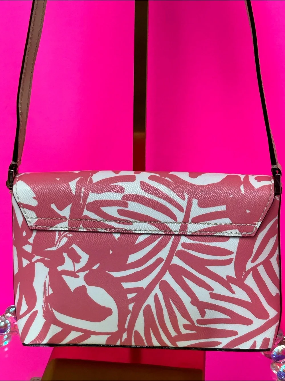 kate spade Pink and White Leaf-Print Crossbody Bag Approx. 8 x 5.5